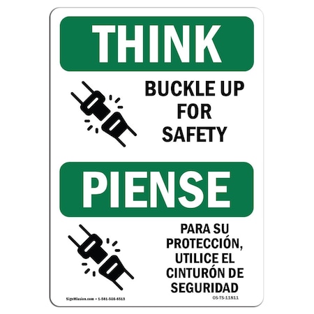 OSHA THINK Sign, Buckle Up For Safety Bilingual, 5in X 3.5in Decal, 10PK